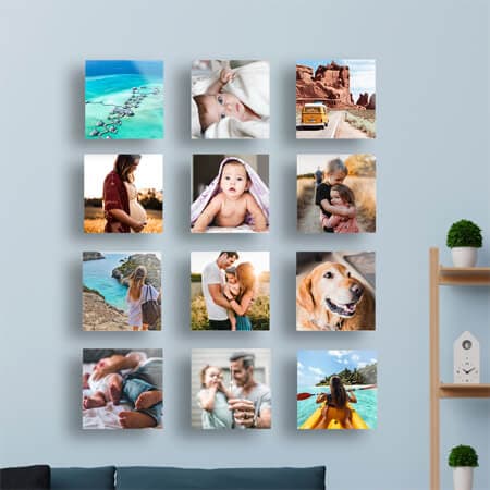 A gallery wall of 12 stickable glass photo tiles.