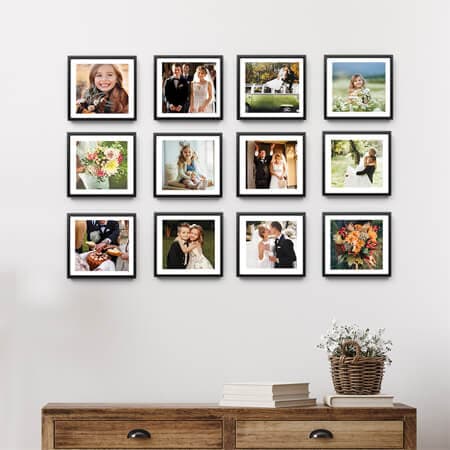 Eight photo tiles with wedding images printed inside.